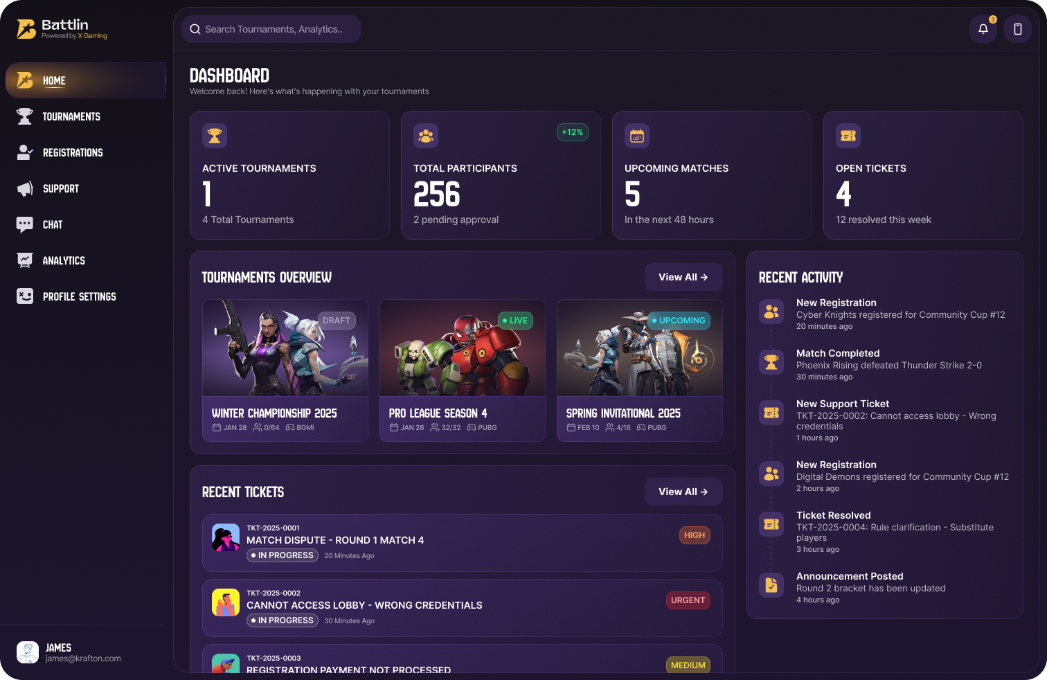 Battlin organizer dashboard — bracket, registrations and payouts