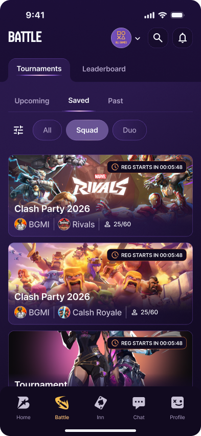 Upcoming tournaments screen